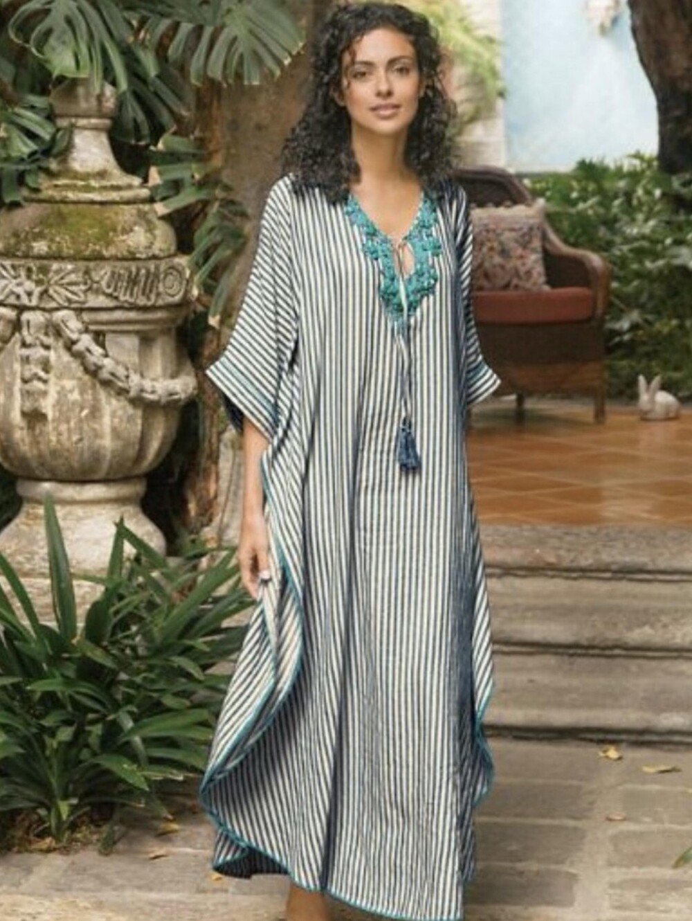 Soft Surroundings Blue and White Striped Kaftan Dress with Teal Beads Size XL